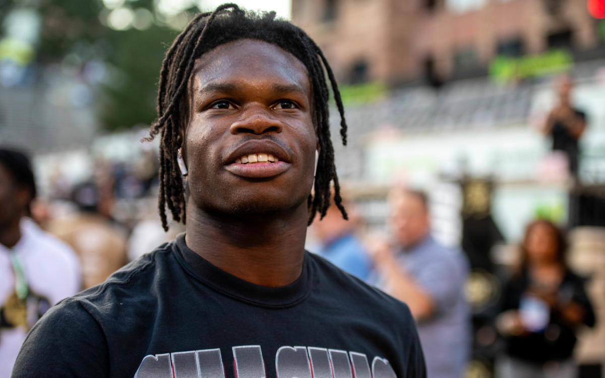 CU football's sophomore athlete Travis Hunter is all smiles before the Rocky Mountain Showdown on Sept. 16, 2023 at Folsom Field in Boulder, Colo